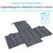 The Vive Health Full Wheelchair & Transport Chair Cushion, in gray and spread out for pressure relief, is machine washable and hypoallergenic. An icon of a washing machine on the right side signifies its easy maintenance.