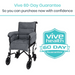 The image features a gray wheelchair with padded armrests and seat, complemented by the Vive Health Full Wheelchair & Transport Chair Cushion for pressure relief. Text highlights the Vive 60-Day Guarantee from Vive Health, promoting confident purchases with a non-slip fit guarantee badge.