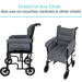 Two views of the Vive Health Full Wheelchair & Transport Chair Cushion on a black wheelchair frame. This gray padded cushion includes armrests and backrest for comfort and pressure relief, and its non-slip fit is suitable for various seating options like couches and recliners.