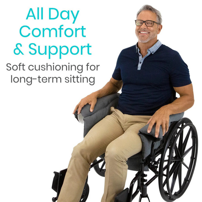 A man in a wheelchair with cushioned armrests and seat enjoys pressure relief, wearing a navy shirt and khaki pants. Text reads, All Day Comfort & Support: Soft cushioning for long-term sitting. Product: Vive Health Full Wheelchair & Transport Chair Cushion.