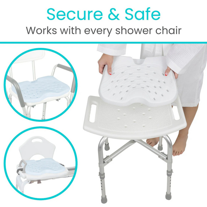 A person is assembling the Vive Health Shower Seat EVA Foam Cushion - Slip Resistant, with text reading Secure & Safe: Compatible with all shower chairs. The image highlights its orthopedic design and includes two inset images showing waterproof cushion options for various chair setups.