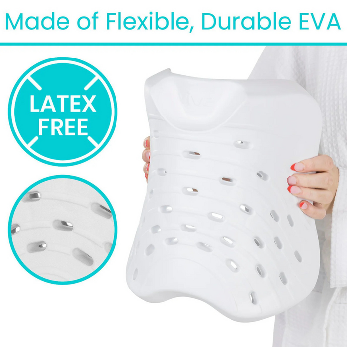 A person holds the Vive Health Shower Seat EVA Foam Cushion, featuring a white, perforated design. Made from flexible, durable EVA material, this latex-free cushion offers orthopedic support and is waterproof for comfort and adaptability.