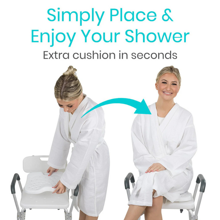 A woman in a white bathrobe places the Vive Health Shower Seat EVA Foam Cushion on a shower chair, then sits comfortably. Text reads, Simply Place & Enjoy Your Shower. Extra cushion in seconds with our orthopedic design.