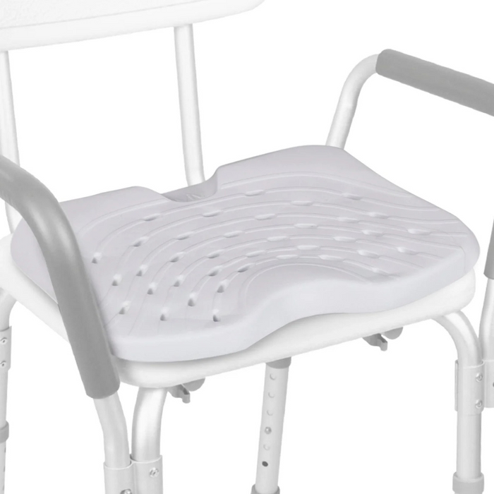 The Vive Health Shower Seat features an orthopedic design with a white contoured, non-slip EVA foam seat and gray padded armrests. It includes adjustable legs for height customization and slip-resistant technology for enhanced safety.