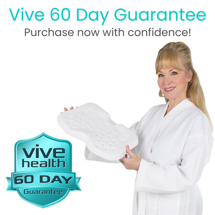 A woman in a white robe smiles holding a contoured orthopedic pillow. The image shows a teal Vive 60 Day Guarantee badge with the text Purchase now with confidence! referencing the Vive Health Shower Seat EVA Foam Cushion - Slip Resistant.