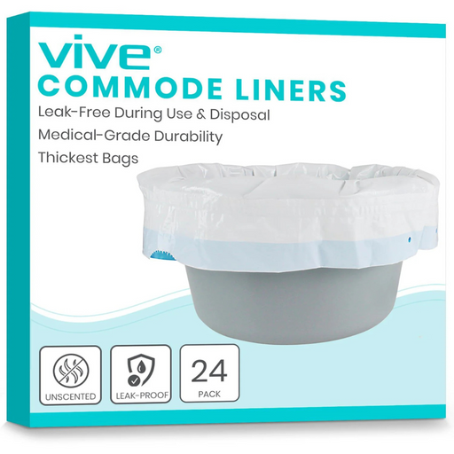Vive Health Commode Liners Only with Odor Control packaging features a commode image with a liner, promoting Leak-Free During Use & Disposal, Medical-Grade Durability, and Thickest Bags. Made from leak-proof material, each pack contains 24 unscented liners.