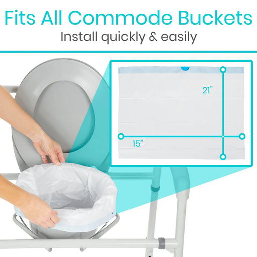 Someone places a Vive Health Commode Liner with Odor Control into a gray bucket. The liner is white and leak-proof, measuring 21 x 15. Inset diagram shows dimensions. Text reads, Universal Fit for All Commode Buckets. Install quickly & easily.