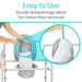 A hand shows how to remove a Vive Health Commode Liner with blue drawstrings from a gray seat. An inset close-up highlights the universal fit of the leak-proof design. Text above reads, Easy to Use: Sturdy drawstrings allow for mess-free removal and Odor Control.