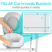 Someone places a Vive Health Commode Liner with Odor Control into a gray bucket. The liner is white and leak-proof, measuring 21 x 15. Inset diagram shows dimensions. Text reads, Universal Fit for All Commode Buckets. Install quickly & easily.