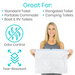 A woman holds a large white Vive Health Commode Liner, highlighting its sanitary, leak-proof design. Uses include standard toilets, portable commodes, boat & RV toilets, elongated and camping toilets. Icons show odor control and tear resistance of these versatile disposable liners.