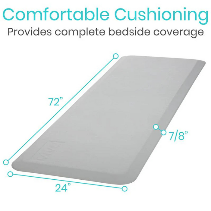 Image of the Vive Health XL Bedside Padded Fall Mat, featuring impact-absorbing foam and non-slip design. This white pad measures 72 inches long, 24 inches wide, and 7/8 inches thick, offering durable bedside protection and comfortable cushioning to reduce injury risk.