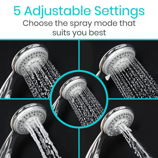 Collage of the Vive Health Handheld Shower Head showcasing five adjustable spray settings on a black background. Text reads, 5 Versatile Spray Options—Choose the high-pressure performance that suits you best.