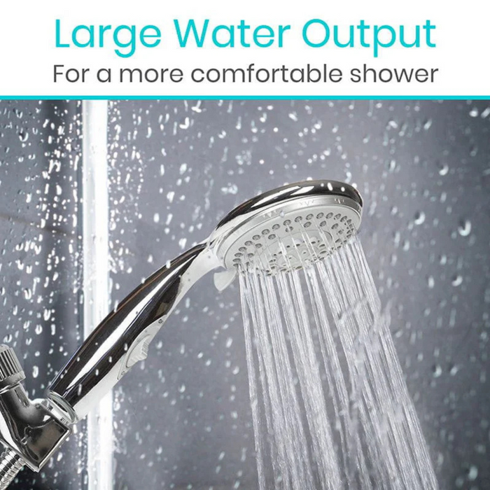 The Vive Health Handheld Shower Head in chrome, featuring 5 adjustable spray settings, provides large water output and high-pressure performance for a more comfortable shower against a wet bathroom wall.