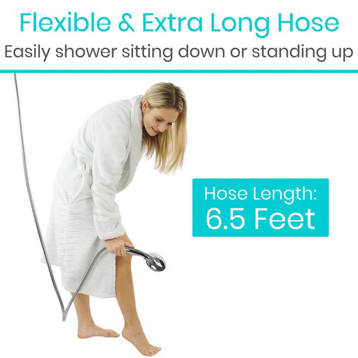 A person in a white bathrobe holds the Vive Health Handheld Shower Head. Text: Flexible & Extra Long Hose and Easily shower sitting or standing. Highlighting: Hose Length: 6.5 Feet, emphasizing high-pressure performance for an invigorating experience with five adjustable spray settings.