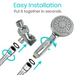 The image features the Vive Health Handheld Shower Head with 5 adjustable spray settings, including a silver showerhead, handle, connecting valve, and two hose parts with washers. The top text reads Easy Installation: Put it together in seconds, with parts arranged for assembly.