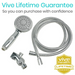 Image of Vive Health Handheld Shower Head with flexible hose and hardware, featuring Vive Lifetime Guarantee at the top and Vive Health Lifetime Guarantee with a gold seal below. Enjoy high-pressure performance and versatile spray settings for ultimate comfort.