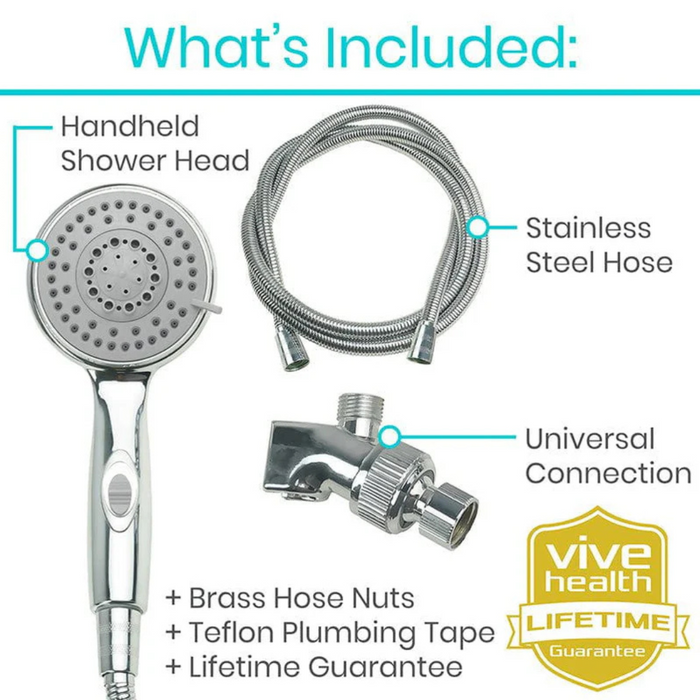 Diagram of the Vive Health Handheld Shower Head with high-pressure performance includes: shower head, stainless steel hose, universal connection, brass hose nuts, Teflon tape, and a lifetime guarantee.