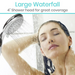 A woman enjoys a refreshing shower with the Vive Health Handheld Shower Head, featuring a large 4 waterfall-style head and high-pressure performance for great coverage. With one hand behind her head, she relaxes under its five adjustable spray settings, highlighted in text above.