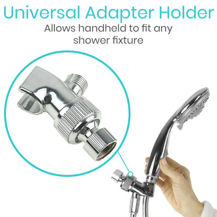 A hand holds a Vive Health Handheld Shower Head, connected to a universal adapter holder. The chrome adapter is highlighted, showcasing its high-pressure performance and compatibility with any fixture. Text reads Universal Adapter Holder.