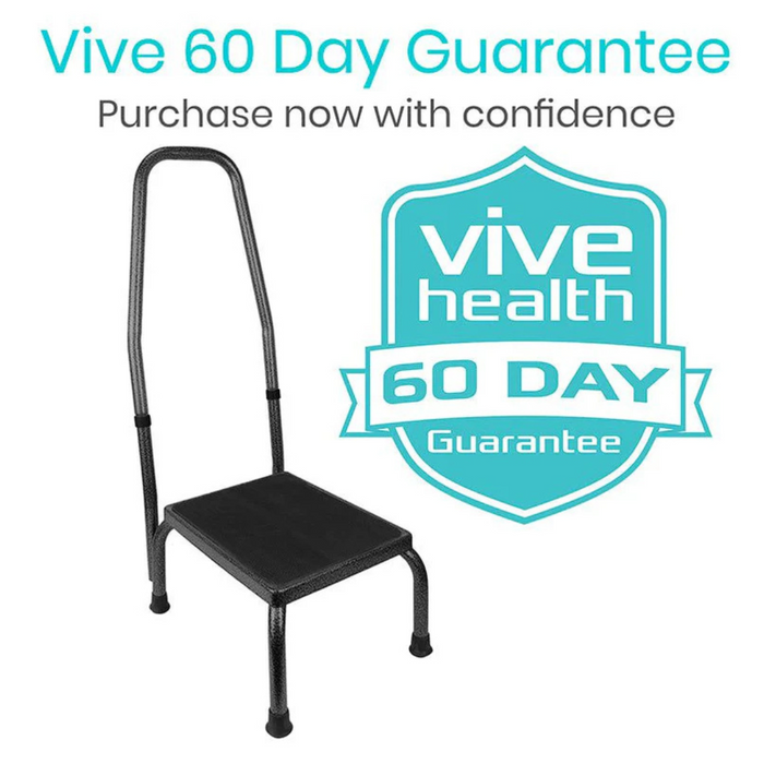 Image of a Vive Health Step Stool with a sturdy steel frame and non-slip platform. Text includes Vive 60 Day Guarantee and Purchase now with confidence next to the Vive Health logo, emphasizing safety and assurance.