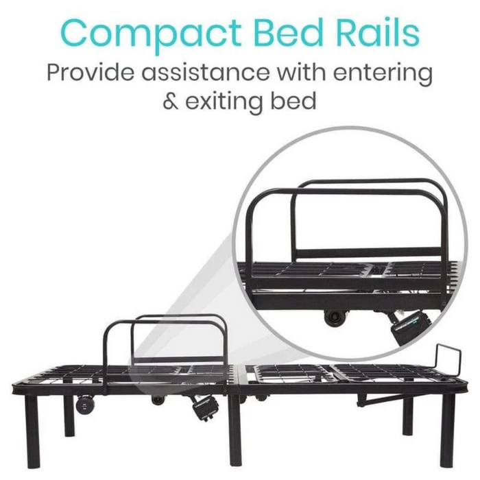 Image of a metal, adjustable Vive Health Full Electric Bed Frame featuring attached compact rails. A circle highlights their purpose to assist with entering and exiting the bed. Text above: Compact Bed Rails provide assistance with entering & exiting.