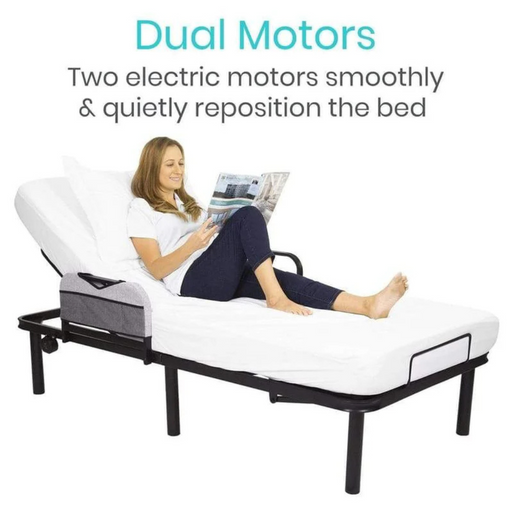 A woman reads a magazine on a partially reclined Vive Health Full Electric Bed Frame (Twin & Twin XL), highlighting its dual motors and zero-gravity position: Dual Motors - Two electric motors smoothly & quietly reposition the bed.