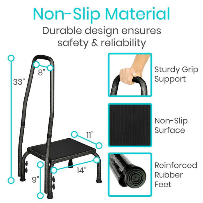 Diagram of the Vive Health Step Stool, featuring a 33 height, durable steel frame, 9 x 14 non-slip platform, sturdy grip support with an 8 wide handrail, and an 11 deep step with reinforced rubber feet. Highlights its safety and reliability.