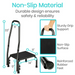 Diagram of the Vive Health Step Stool, featuring a 33 height, durable steel frame, 9 x 14 non-slip platform, sturdy grip support with an 8 wide handrail, and an 11 deep step with reinforced rubber feet. Highlights its safety and reliability.