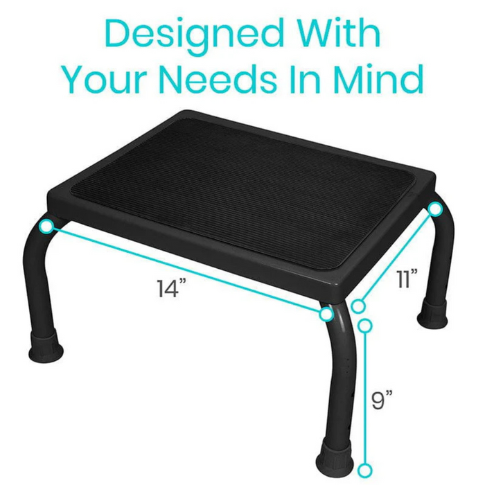 Image of a Vive Health Step Stool with measurements marked: 14 wide, 11 deep, and 9 tall. The text above reads Designed With Your Needs In Mind. Featuring a non-slip platform and rubber-tipped legs, this stool boasts a durable heavy-duty steel frame for stability.