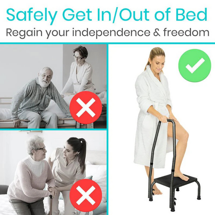 An elderly person with an assistant is marked with a red X, while a woman using the Vive Health Step Stool, featuring a stability step rail and durable steel frame, is marked with a green check. The non-slip platform ensures safety as text reads Safely Get In/Out of Bed and Regain your independence & freedom.