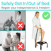 An elderly person with an assistant is marked with a red X, while a woman using the Vive Health Step Stool, featuring a stability step rail and durable steel frame, is marked with a green check. The non-slip platform ensures safety as text reads Safely Get In/Out of Bed and Regain your independence & freedom.