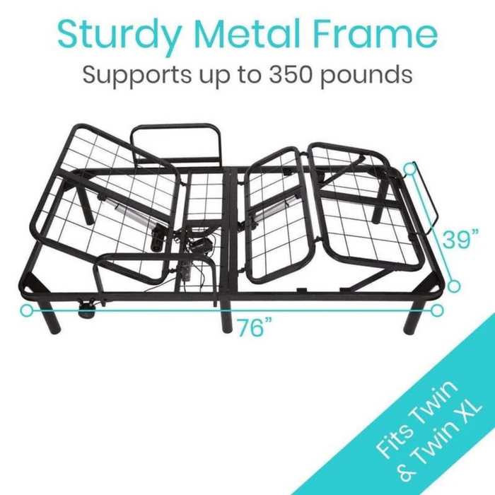 Diagram of the Vive Health Full Electric Bed Frame illustrates a black sturdy metal frame, 76x39, fitting Twin and Twin XL mattresses. Its adjustable, supports up to 350 lbs., includes zero-gravity position and a wireless remote. A blue triangle at the bottom emphasizes these features.