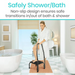 A woman in a bathrobe steps onto the Vive Health Step Stool - Heavy Duty Steel Frame in the bathroom. This non-slip platform provides safe transitions in and out of the bath and shower. The room features a bathtub, large window, tiled floor, and rug. Text above reads, Safely Shower/Bath.