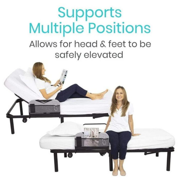 A woman uses the Vive Health Full Electric Bed Frame in two positions: reclining with a book and sitting up straight. Text reads, Supports multiple positions, including zero-gravity. Allows for head & feet to be safely elevated.