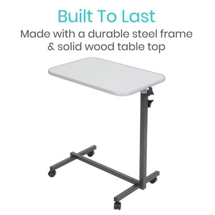 Image of the Vive Health Rolling Compact Overbed Table with a tilt top, featuring a solid wood tabletop and durable steel frame. Adjustable height ensures comfort, while four wheels offer easy mobility. Text reads: Built To Last. Made with a durable steel frame & solid wood tabletop.