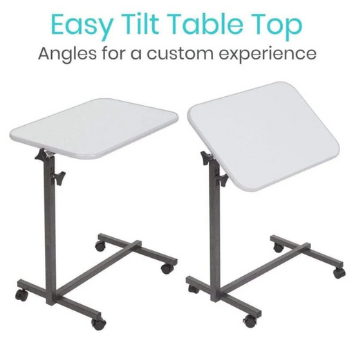 The Vive Health Rolling Compact Overbed Table With Tilt Top features two white adjustable-height table tops on black metal stands with wheels, showcased in upright and tilted positions for easy mobility. The text above emphasizes Easy Tilt Table Top and Angles for a custom experience.