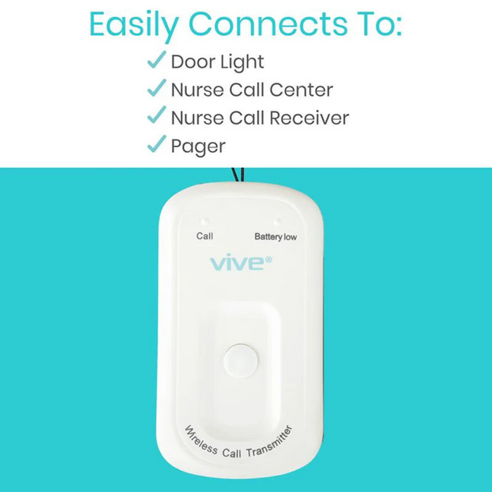 Image of the Vive Health Wireless Caregiver Call Button with Pager on a teal background, highlighting features like connection to door light, nurse call center, receiver, and pager for instant assistance through its efficient system.