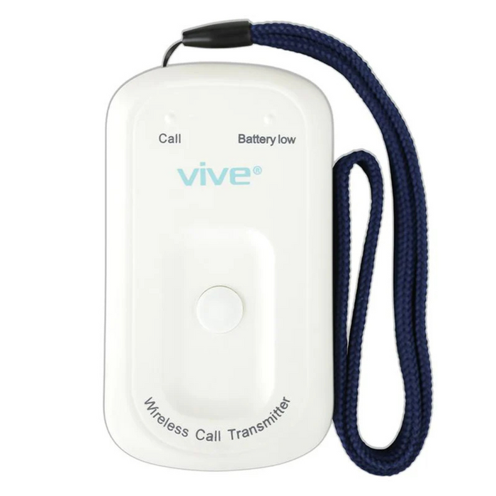 The Vive Health Wireless Caregiver Call Button with Pager is a white device featuring a single button and Vive logo, with indicators for Call and Battery low. It includes a blue wrist strap designed for instant assistance.