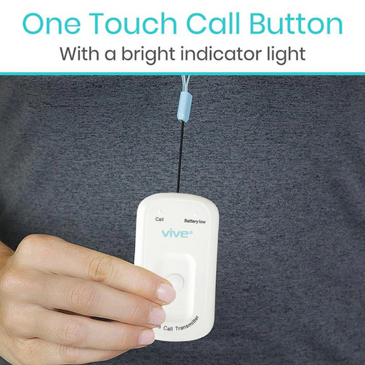 A person holds a rectangular Vive Health Wireless Caregiver Call Button with Pager device, featuring a bright indicator light, on a dark fabric background. The text above reads, One Touch Call Button with Instant Assistance for peace of mind.