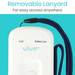 A close-up of the Vive Health Wireless Caregiver Call Button with a white pager and blue removable lanyard features an Instant Assistance button, Battery low indicator, and branding. Set against a turquoise background, text reads: Removable Lanyard for easy access anywhere.