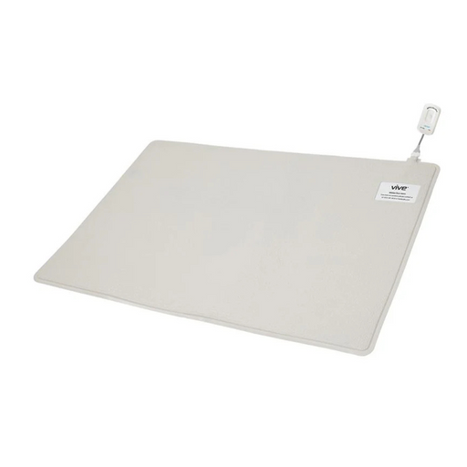 A beige rectangular Vive Health Wireless Floor Alarm Mat with a white control unit, positioned in the top right corner and attached by a cord, offers real-time patient monitoring for bed exits. A small label reads Vive Precision.