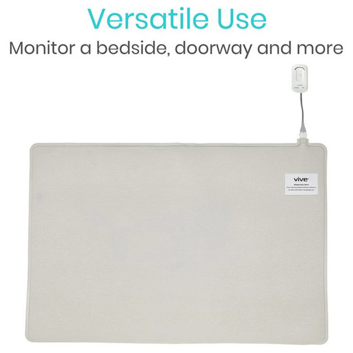 The Vive Health Wireless Floor Alarm Mat & Transmitter is a gray pressure sensor pad with a connected wire and device for patient monitoring, providing real-time alerts. It reads Versatile Use: Monitor a bedside, doorway, and more. Ideal as a floor alarm mat.