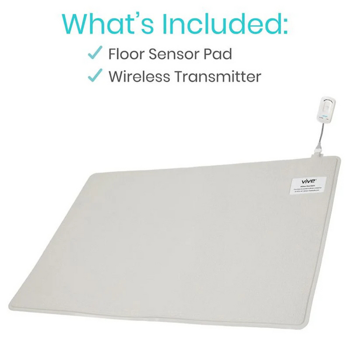 Image showcases the Vive Health Wireless Floor Alarm Mat & Transmitter, designed for patient monitoring. The rectangular mat and wireless transmitter provide caregivers with real-time bed exit alerts. Text reads Whats Included: Floor Sensor Pad, Wireless Transmitter.