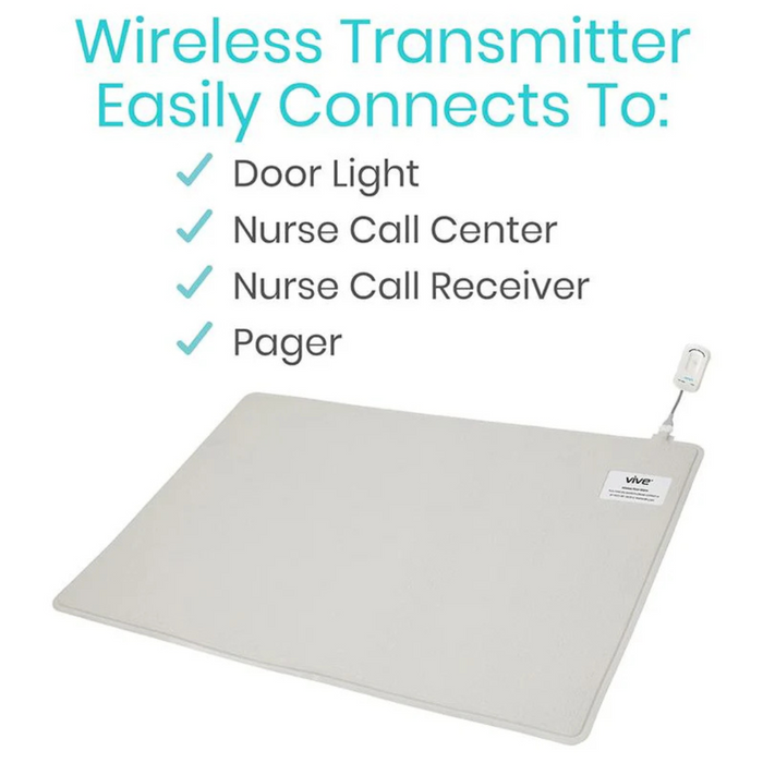 The image features a Vive Health Wireless Floor Alarm Mat & Transmitter, indicating connectivity checkmarks for Door Light, Nurse Call Center, Nurse Call Receiver, and Pager. It seamlessly integrates into monitoring systems to offer real-time alerts for improved care efficiency.