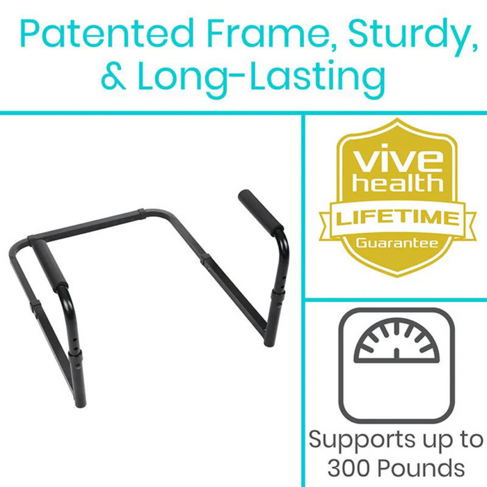 The Vive Health Couch Stand Assist features a sturdy black metal frame with padded grips, is adjustable, supports up to 300 pounds, assembles without tools, and comes with a lifetime guarantee for long-lasting reliability.