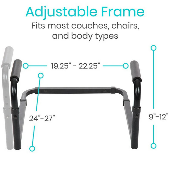 Image of the Vive Health Couch Stand Assist aluminum frame, labeled dimensions: width 19.25–22.25, height 24–27, secondary height 9–12. Text reads, Fits most couches, chairs, and body types with tool-free assembly for easy stand assist.