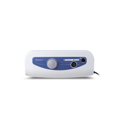 White and blue Wellell Domus 3 Bariatric Alternating Pressure Mattress control unit with a central dial, two buttons, and power cord, designed to adjust settings for pressure ulcer prevention with micro low air loss.