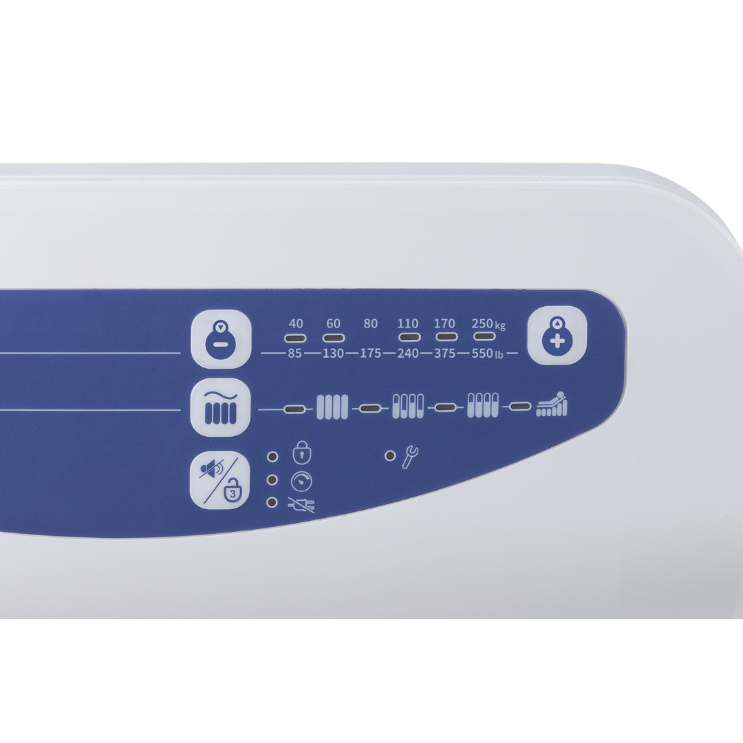 The control panel of the Wellell Domus 4 Bariatric Alternating Pressure Mattress with Micro Low Air Loss displays weight settings from 40–250 kg, plus user, height, and maintenance icons—ideal for post-acute care and pressure ulcer prevention.