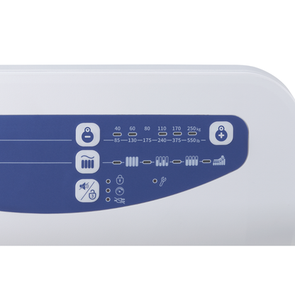 The control panel of the Wellell Domus 4 Bariatric Alternating Pressure Mattress with Micro Low Air Loss displays weight settings from 40–250 kg, plus user, height, and maintenance icons—ideal for post-acute care and pressure ulcer prevention.