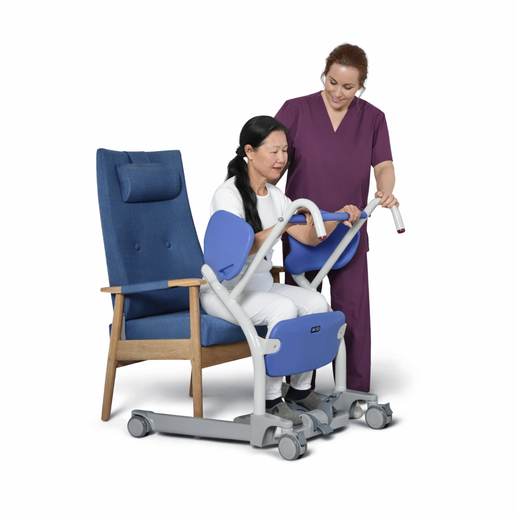 A woman uses the ARJO Sara Stedy Manual Standing Aid & Sit-To-Stand Transfer Lift to push a chair with the assistance of a walker.